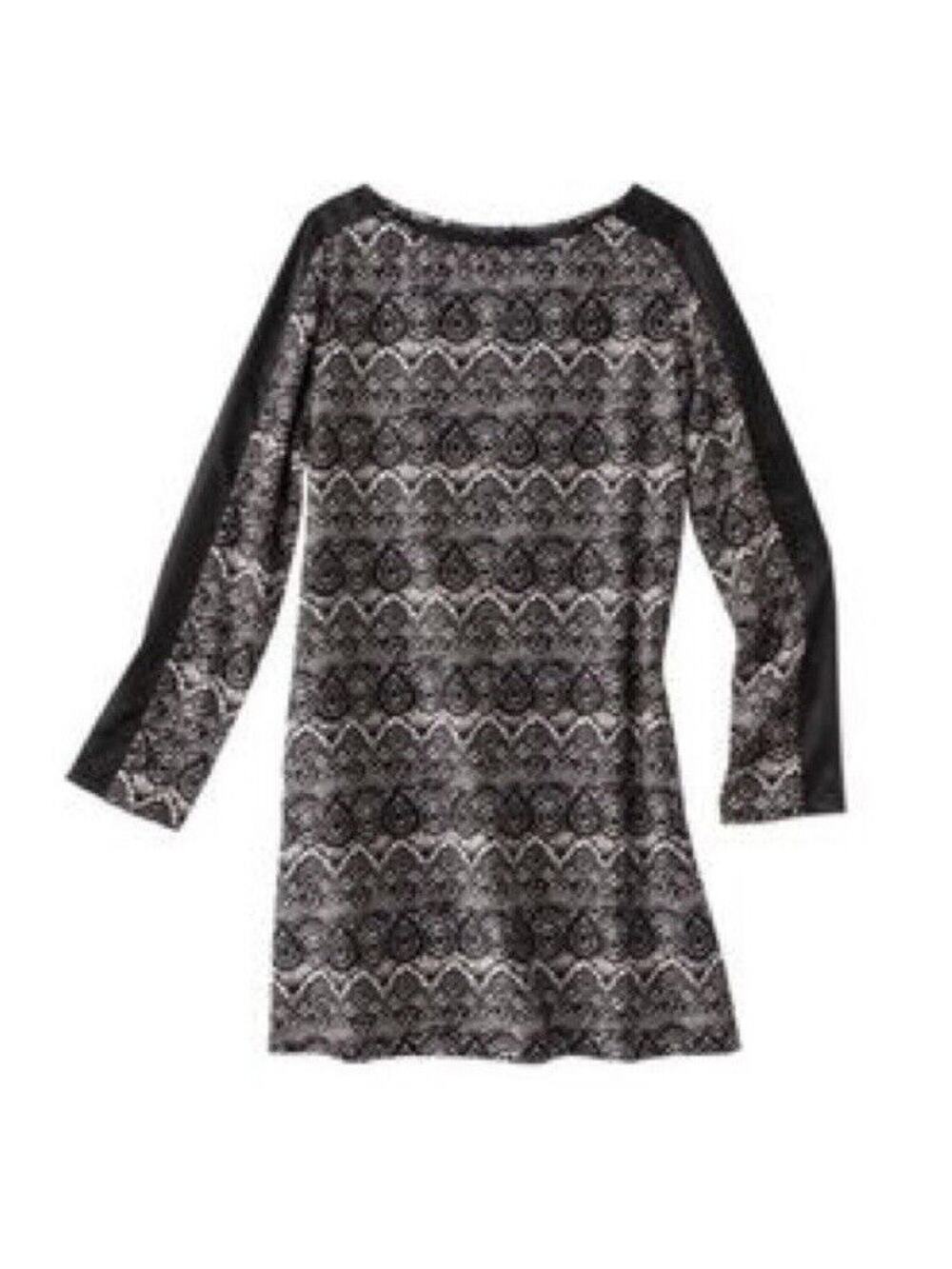 Mossimo Faux Lace Print Black Shift Long Sleeve Dress Small Medium Zip Back 8
